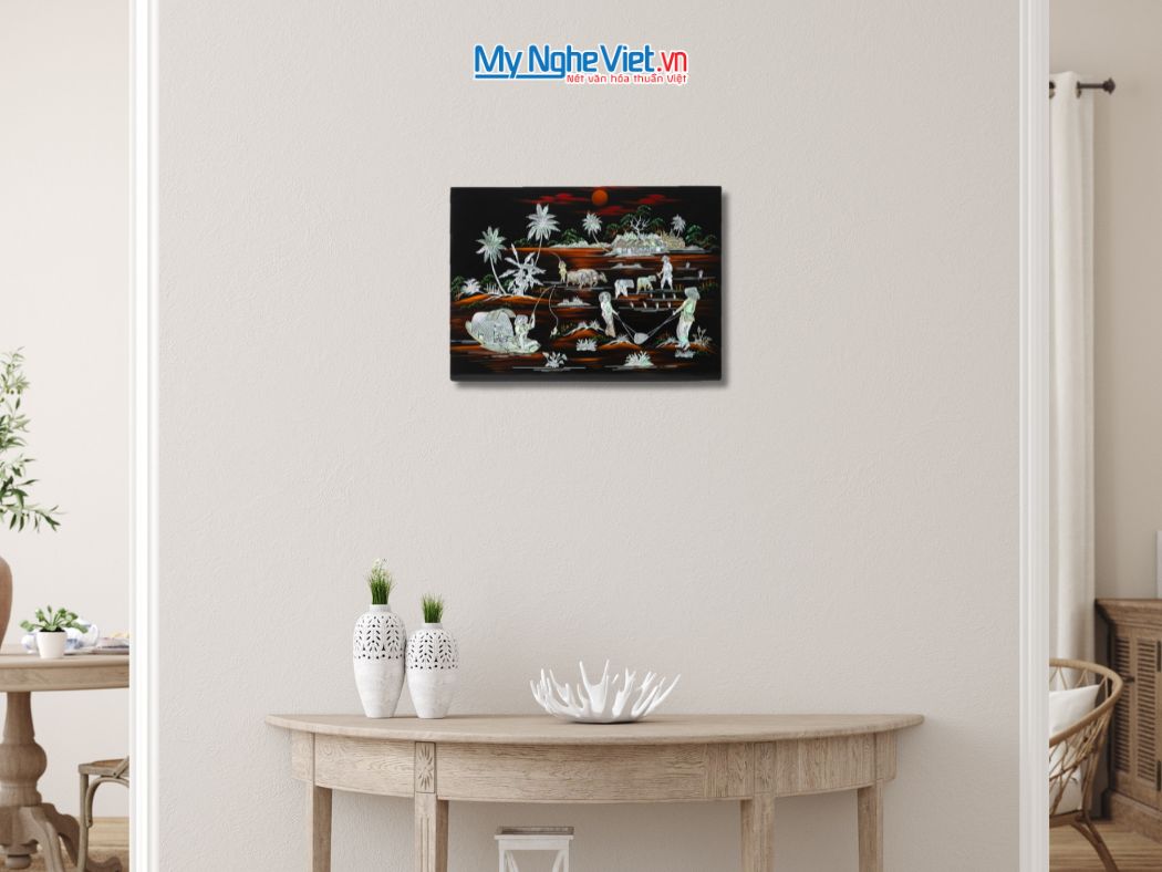 Tranh Sơn Mài Đồng Quê Nền Ấm Cẩn Ốc TSM343-1