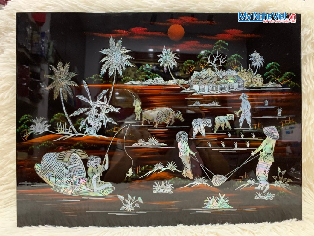 Tranh Sơn Mài Đồng Quê Nền Ấm Cẩn Ốc TSM343-1