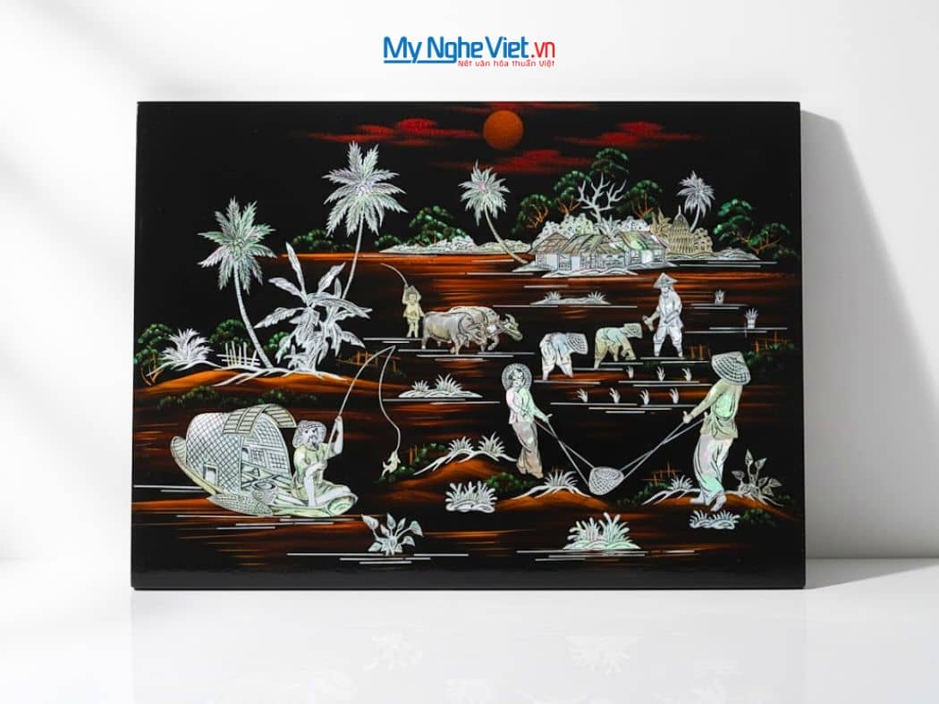 Tranh Sơn Mài Đồng Quê Nền Ấm Cẩn Ốc TSM343-1