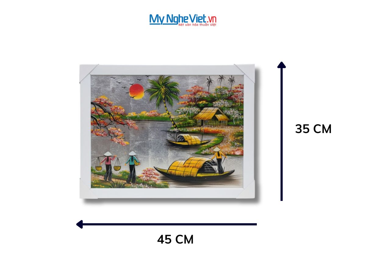 Bộ tranh sơn mài đồng quê dát lá bạc và khung trắng TSM3040/khung