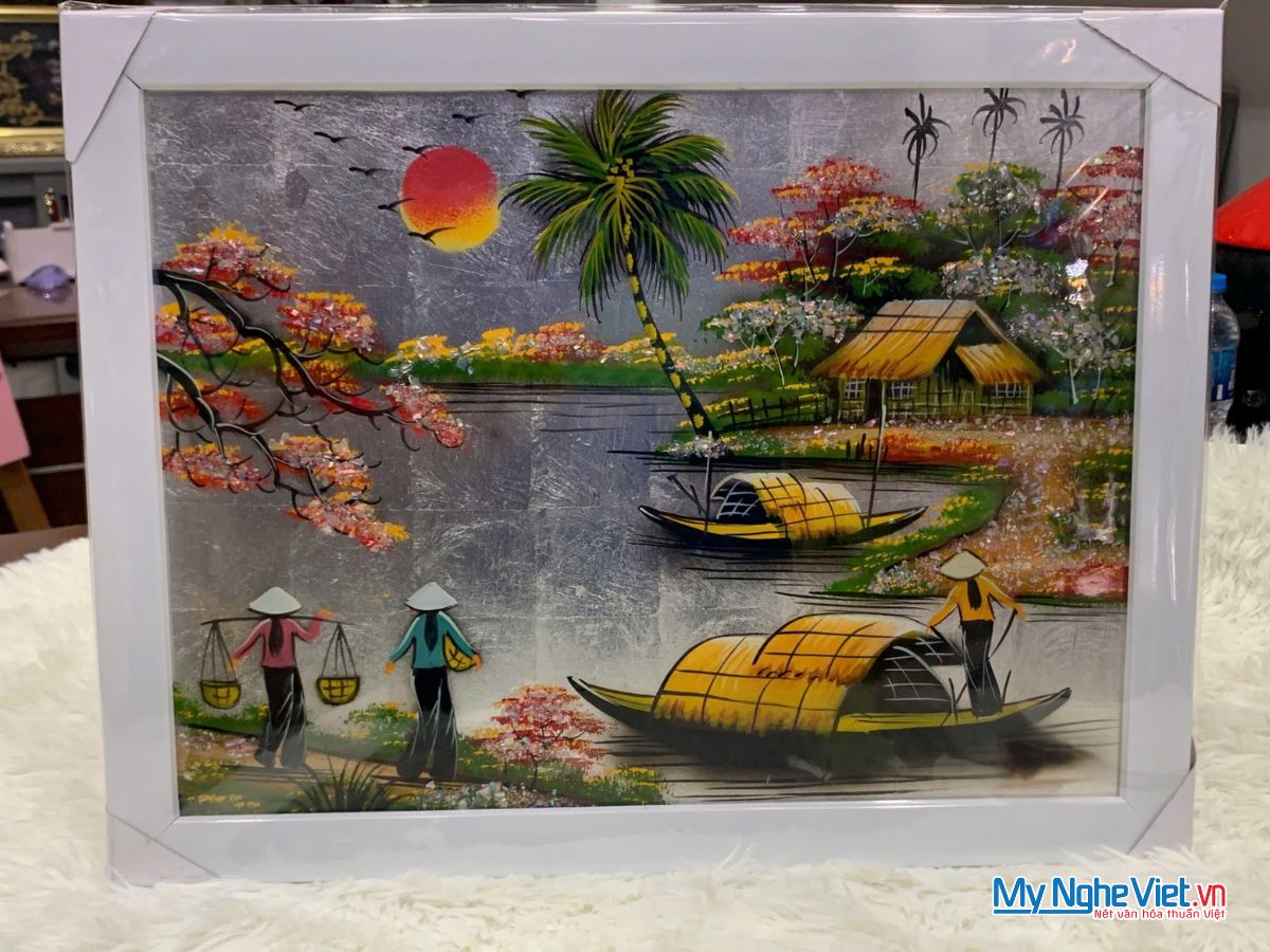 Bộ tranh sơn mài đồng quê dát lá bạc và khung trắng TSM3040/khung
