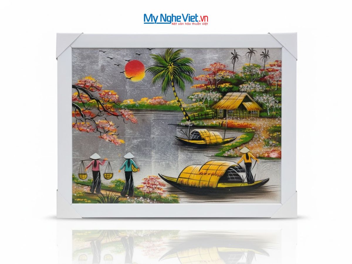 Bộ tranh sơn mài đồng quê dát lá bạc và khung trắng TSM3040/khung