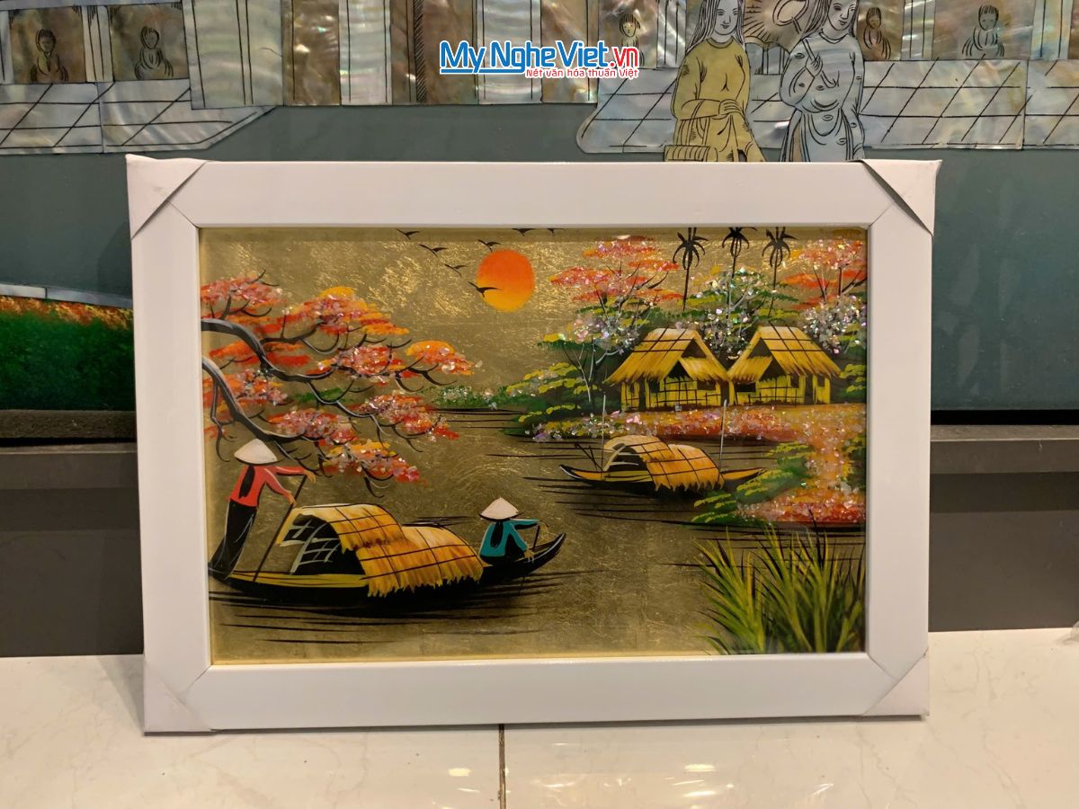 Bộ tranh sơn mài đồng quê dát lá vàng và khung trắng TSM2030/khung