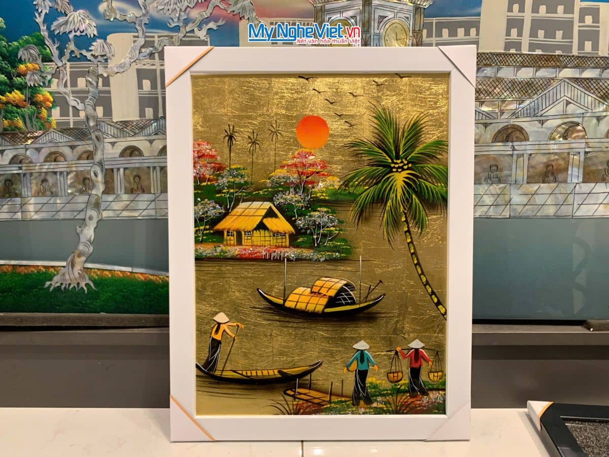 Bộ tranh sơn mài đồng quê dát lá vàng và khung trắng TSM3040/khung