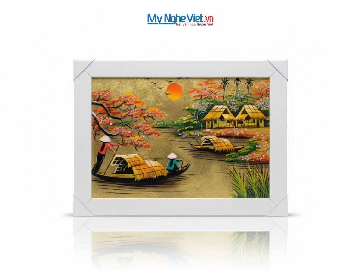 Bộ tranh sơn mài đồng quê dát lá vàng và khung trắng TSM2030/khung