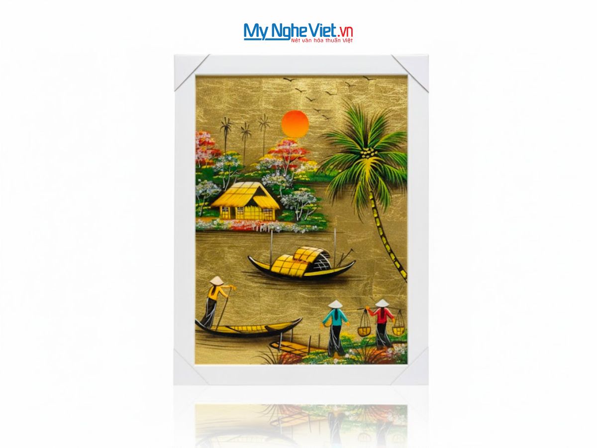 Bộ tranh sơn mài đồng quê dát lá vàng và khung trắng TSM3040/khung