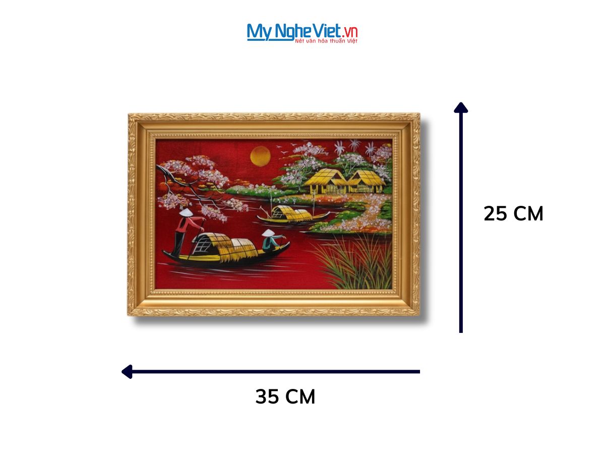 Bộ tranh sơn mài đồng quê nền đỏ và khung vàng TSM2030/khung