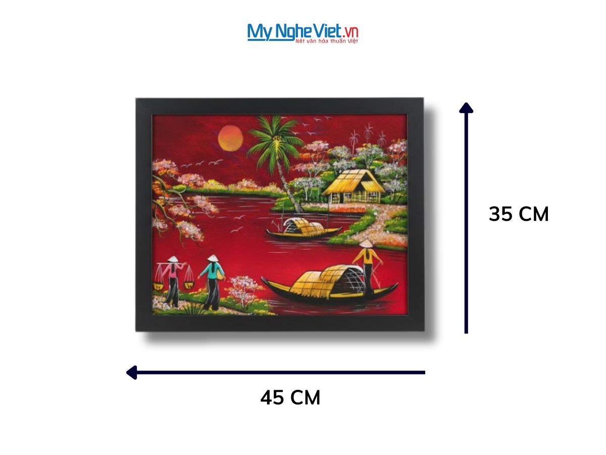 Bộ tranh sơn mài đồng quê nền đỏ và khung đen TSM3040/khung