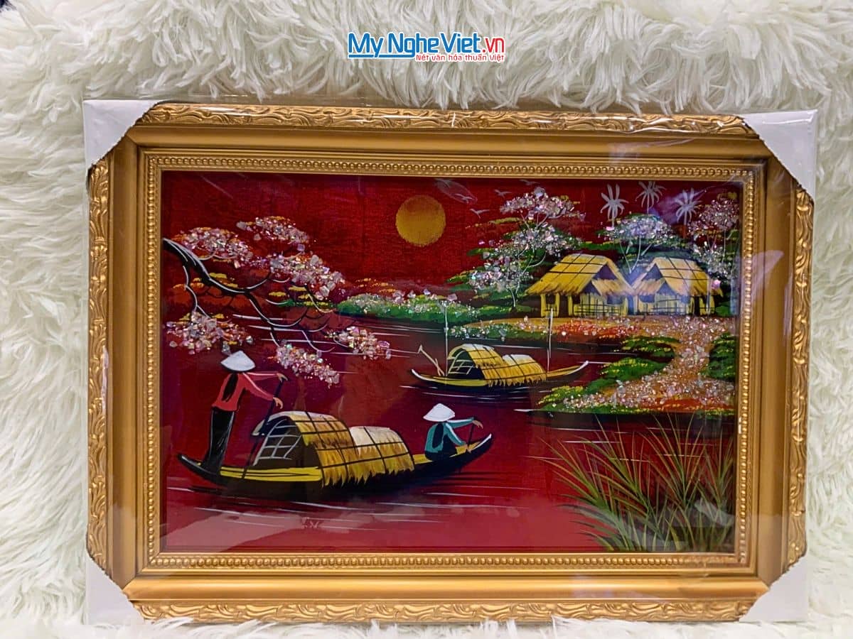 Bộ tranh sơn mài đồng quê nền đỏ và khung vàng TSM2030/khung