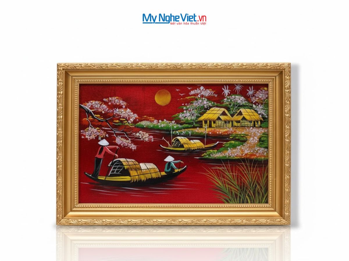 Bộ tranh sơn mài đồng quê nền đỏ và khung vàng TSM2030/khung