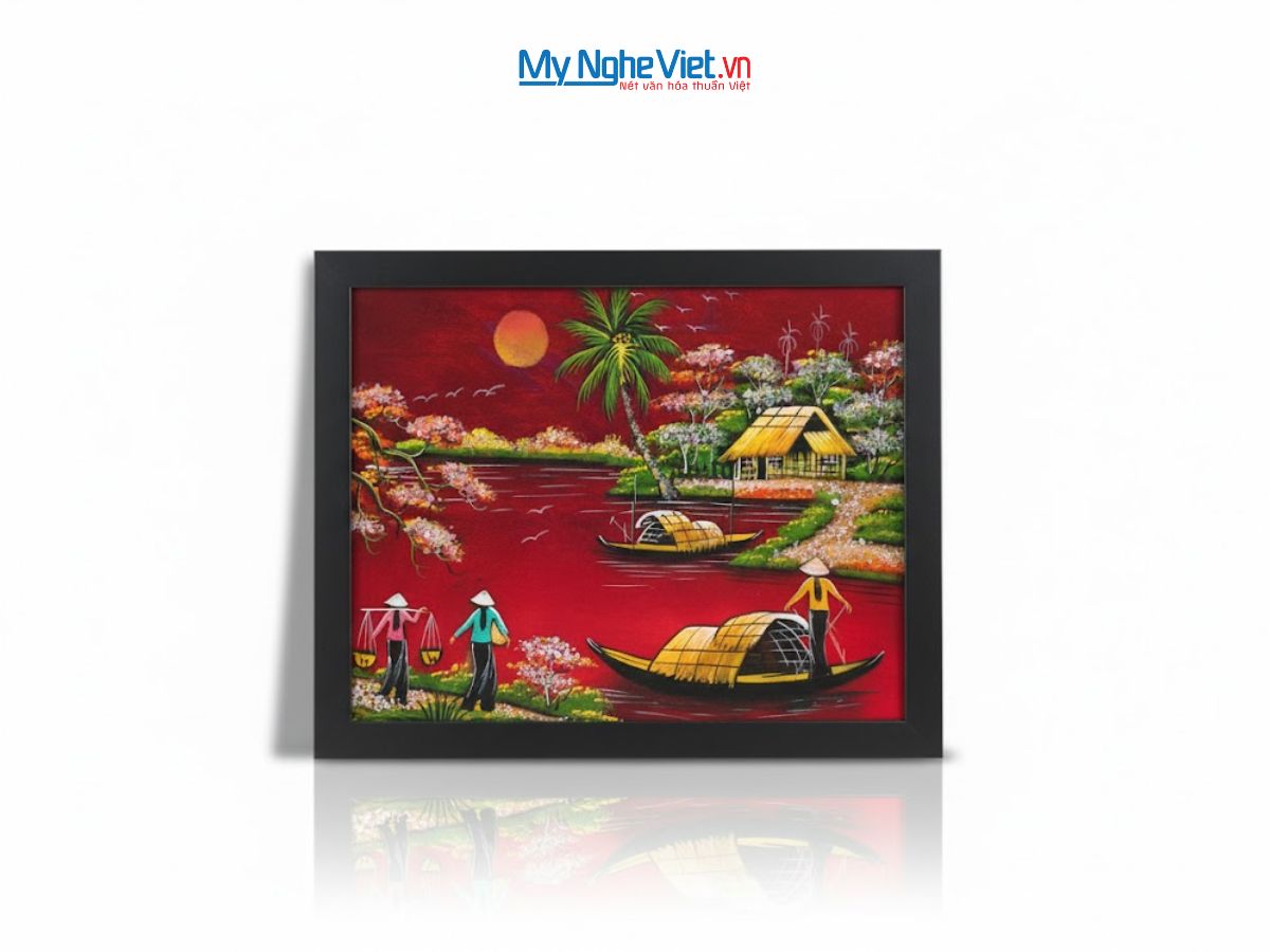 Bộ tranh sơn mài đồng quê nền đỏ và khung đen TSM3040/khung