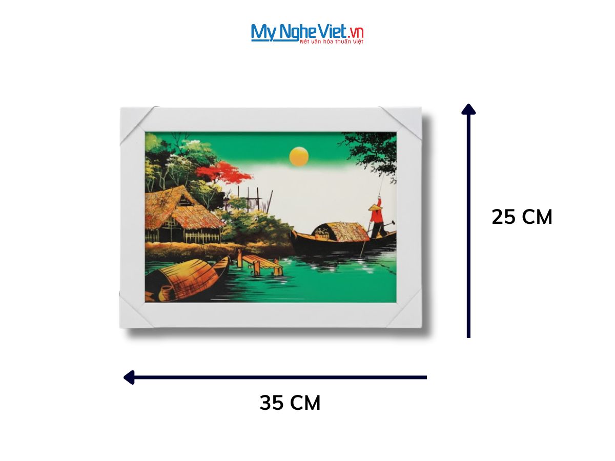 Bộ tranh sơn mài đồng quê nền xanh và khung trắng TSM2030/khung