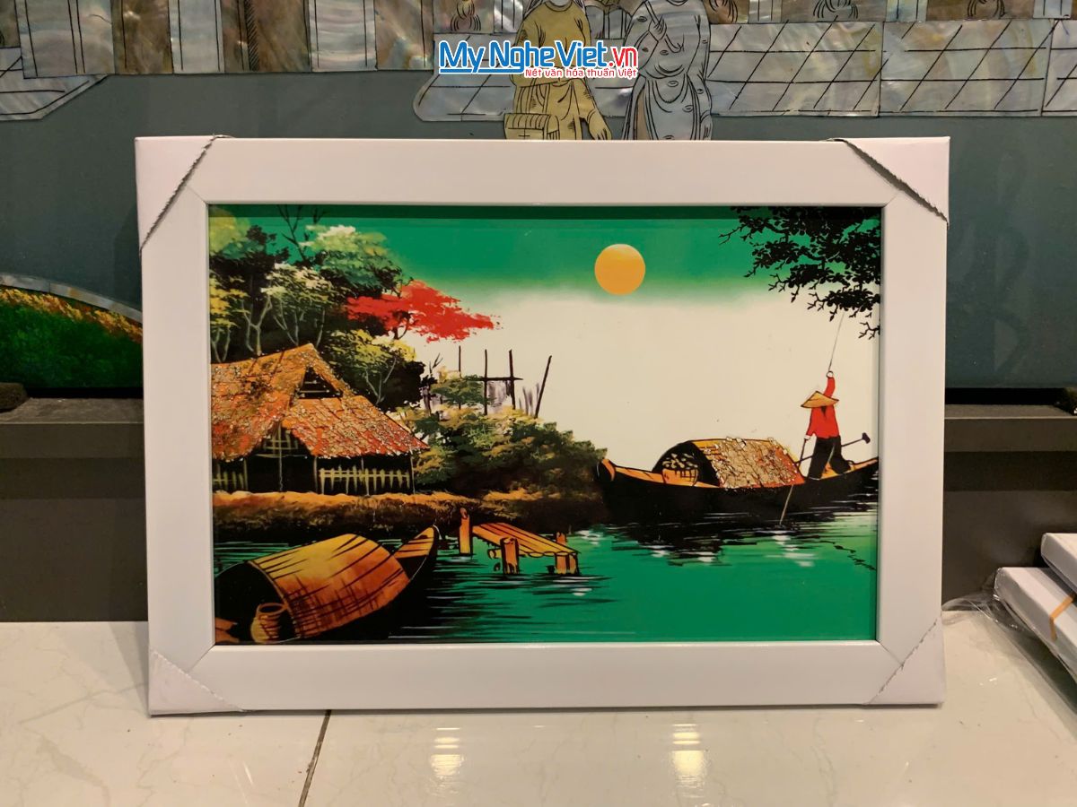 Bộ tranh sơn mài đồng quê nền xanh và khung trắng TSM2030/khung