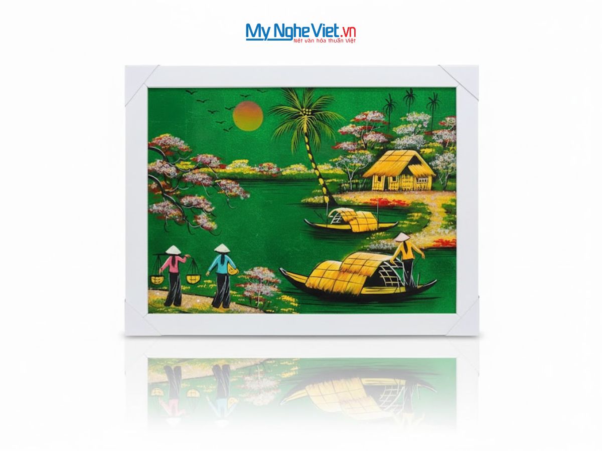 Bộ tranh sơn mài đồng quê nền xanh lá và khung trắng TSM3040/khung