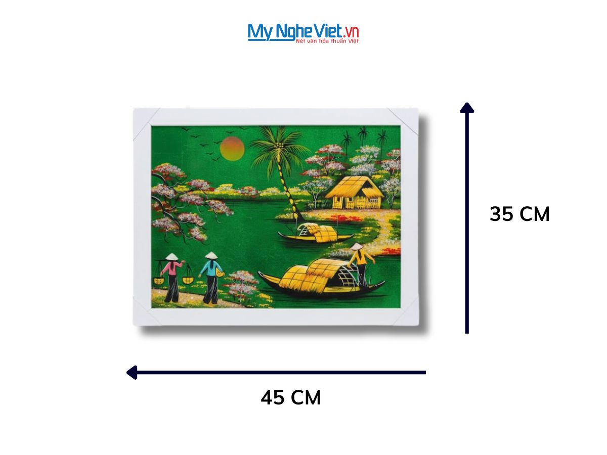 Bộ tranh sơn mài đồng quê nền xanh lá và khung trắng TSM3040/khung