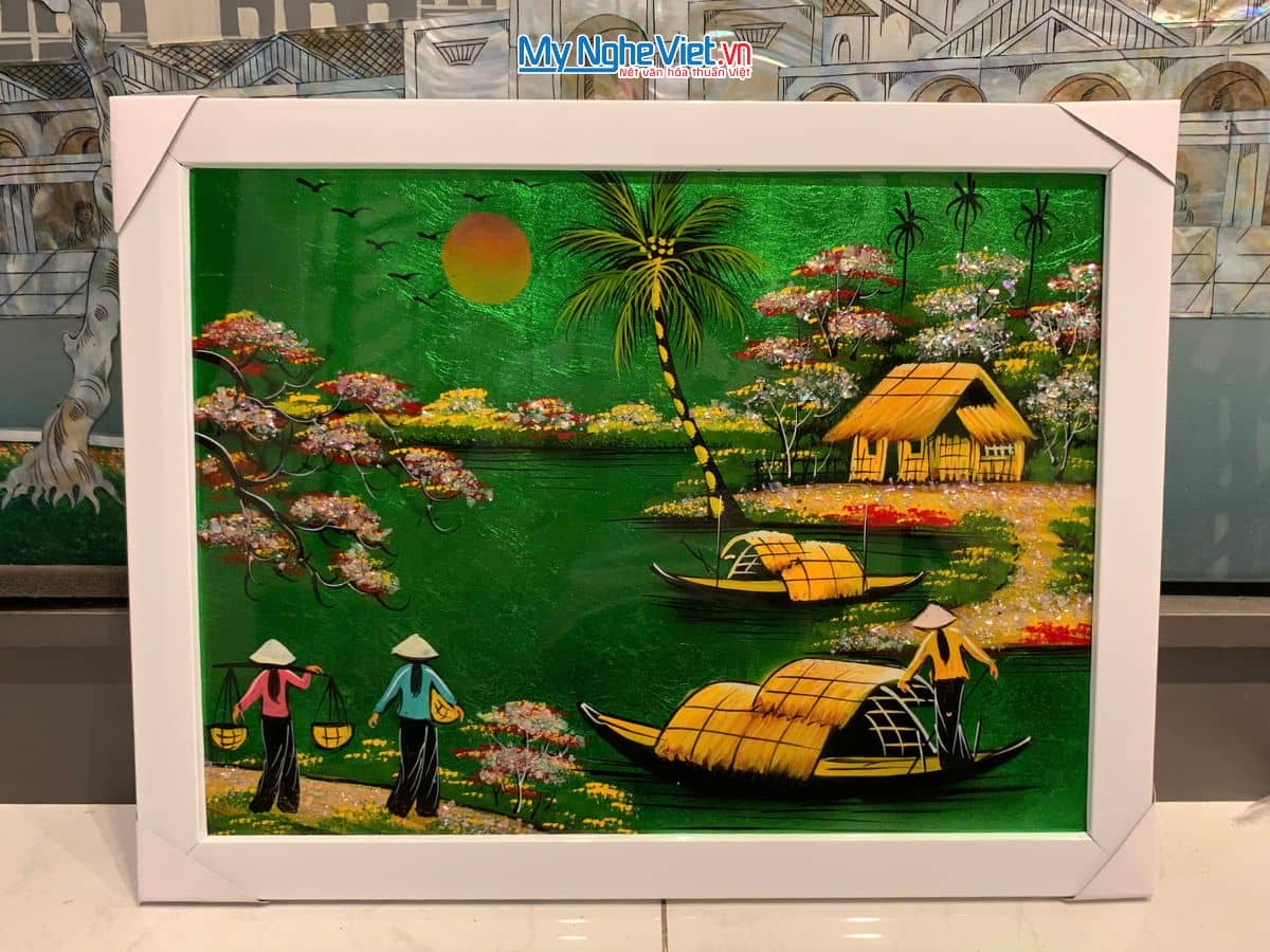 Bộ tranh sơn mài đồng quê nền xanh lá và khung trắng TSM3040/khung
