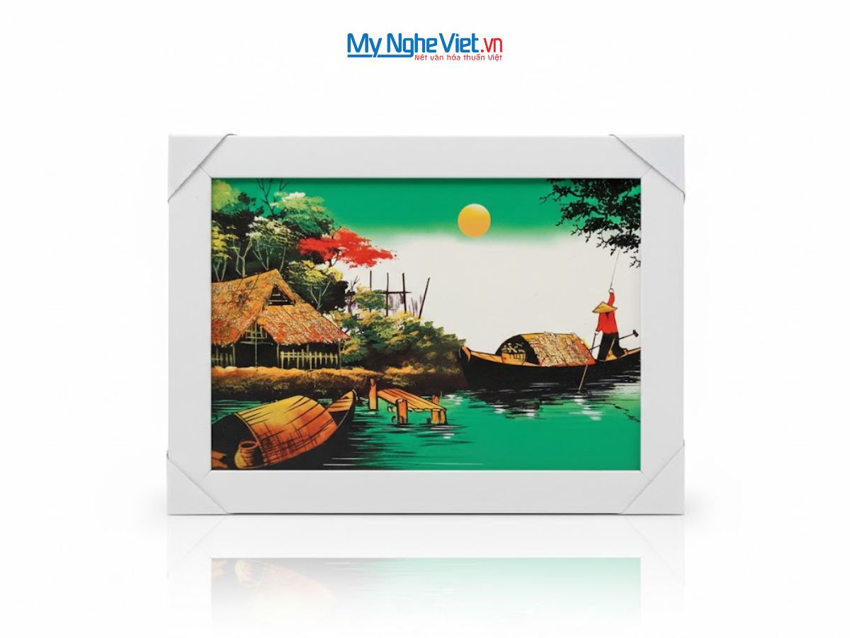 Bộ tranh sơn mài đồng quê nền xanh và khung trắng TSM2030/khung