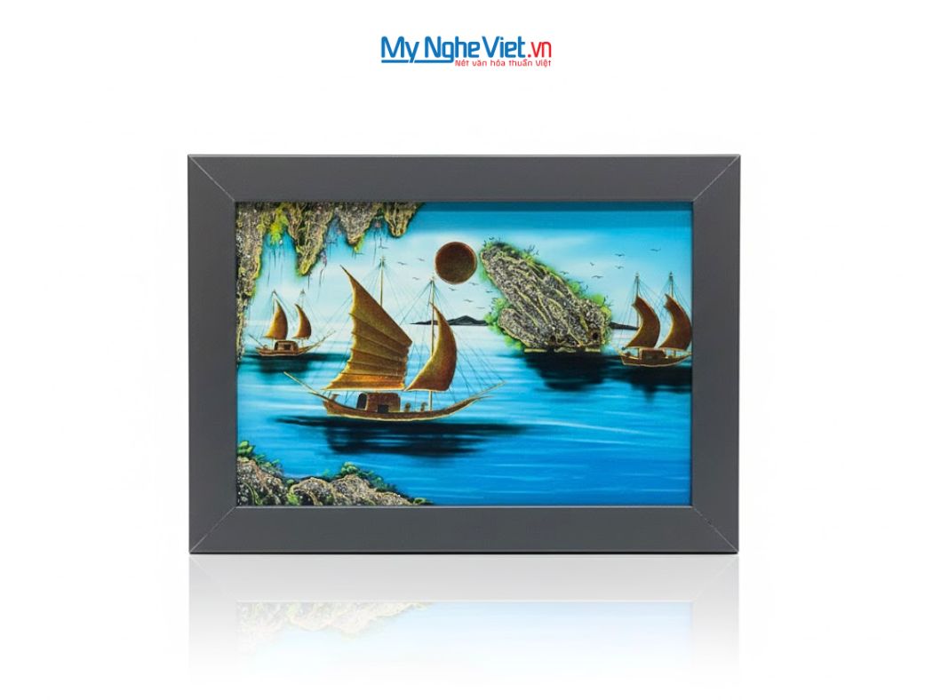 Tranh Sơn Mài Phong Cảnh Vịnh Hạ Long Nền Xanh tsm2535.6