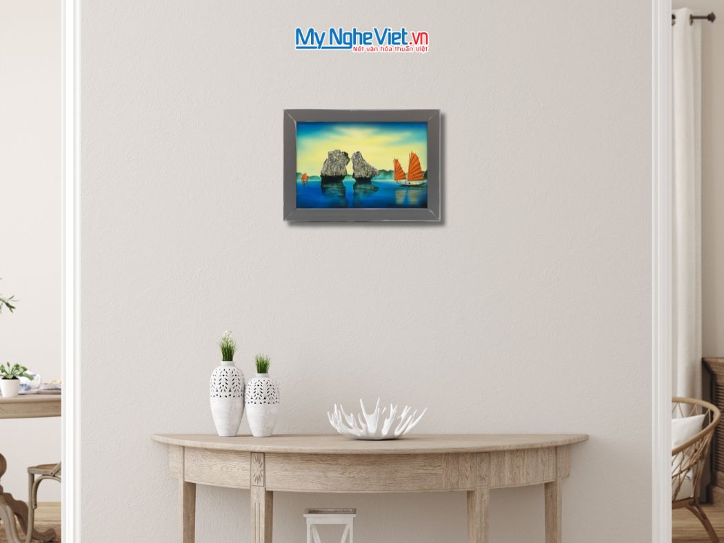 Tranh Sơn Mài Phong Cảnh Vịnh Hạ Long Nền Xanh tsm2535.4