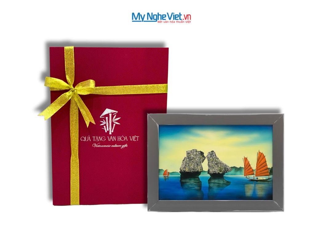 Tranh Sơn Mài Phong Cảnh Vịnh Hạ Long Nền Xanh tsm2535.4