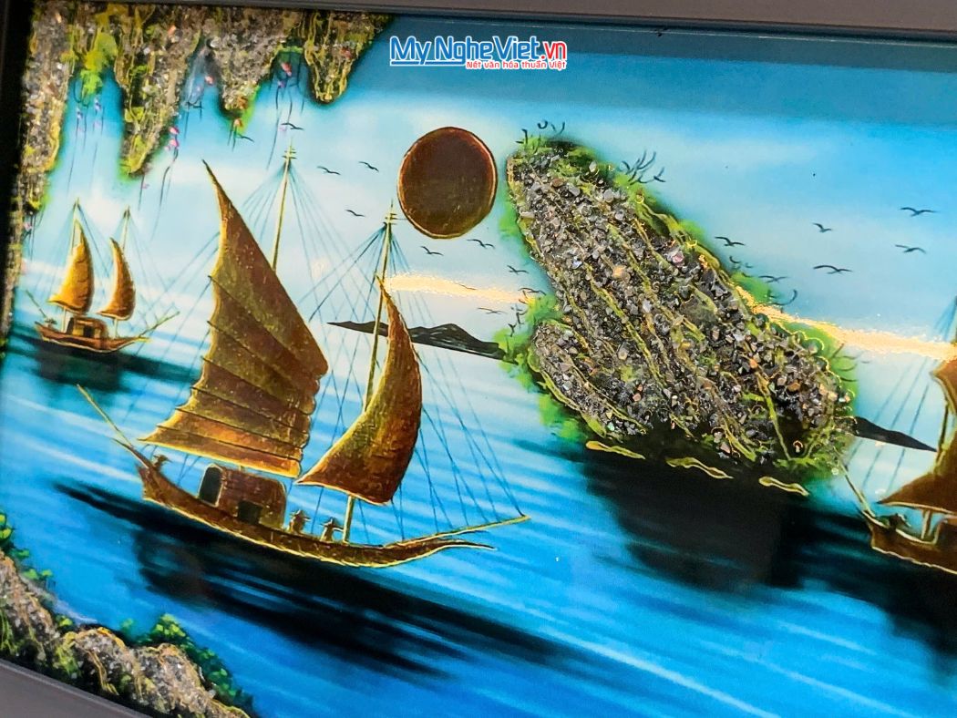 Tranh Sơn Mài Phong Cảnh Vịnh Hạ Long Nền Xanh tsm2535.6