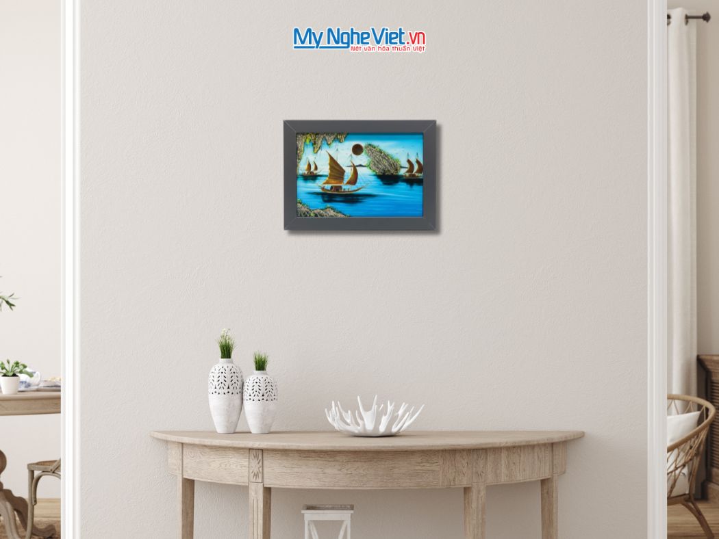 Tranh Sơn Mài Phong Cảnh Vịnh Hạ Long Nền Xanh tsm2535.6