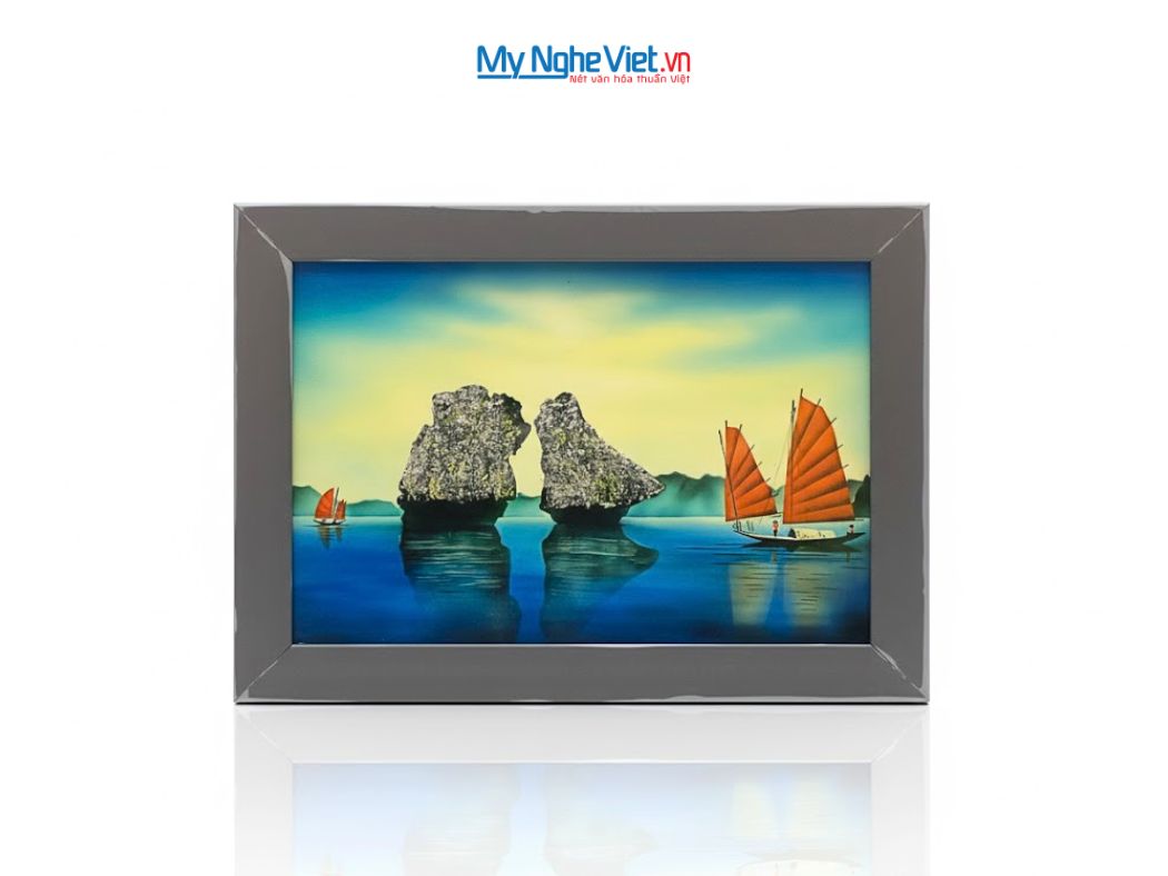 Tranh Sơn Mài Phong Cảnh Vịnh Hạ Long Nền Xanh tsm2535.4