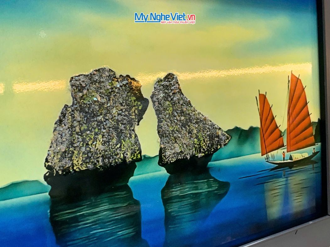 Tranh Sơn Mài Phong Cảnh Vịnh Hạ Long Nền Xanh tsm2535.4