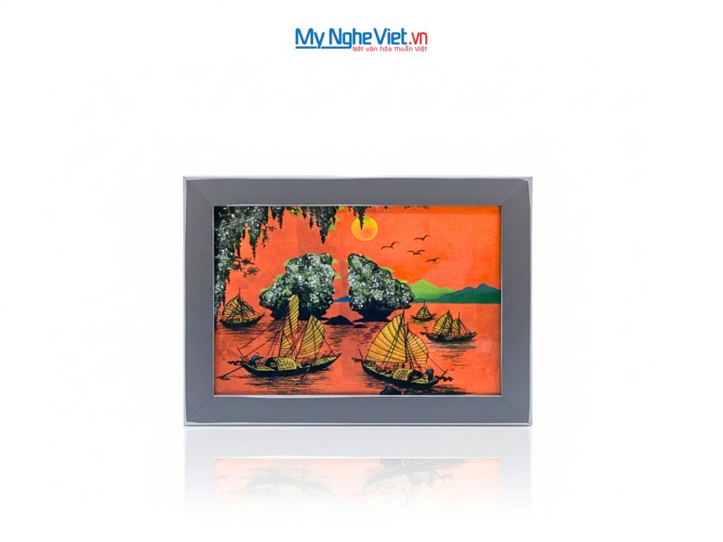 Tranh Sơn Mài Phong Cảnh Vịnh Hạ Long Dát Lá Bạc Nền Cam tsm2535.7