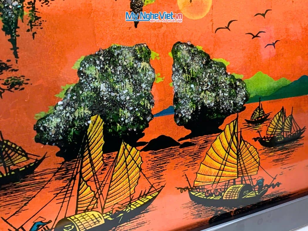 Tranh Sơn Mài Phong Cảnh Vịnh Hạ Long Dát Lá Bạc Nền Cam tsm2535.7
