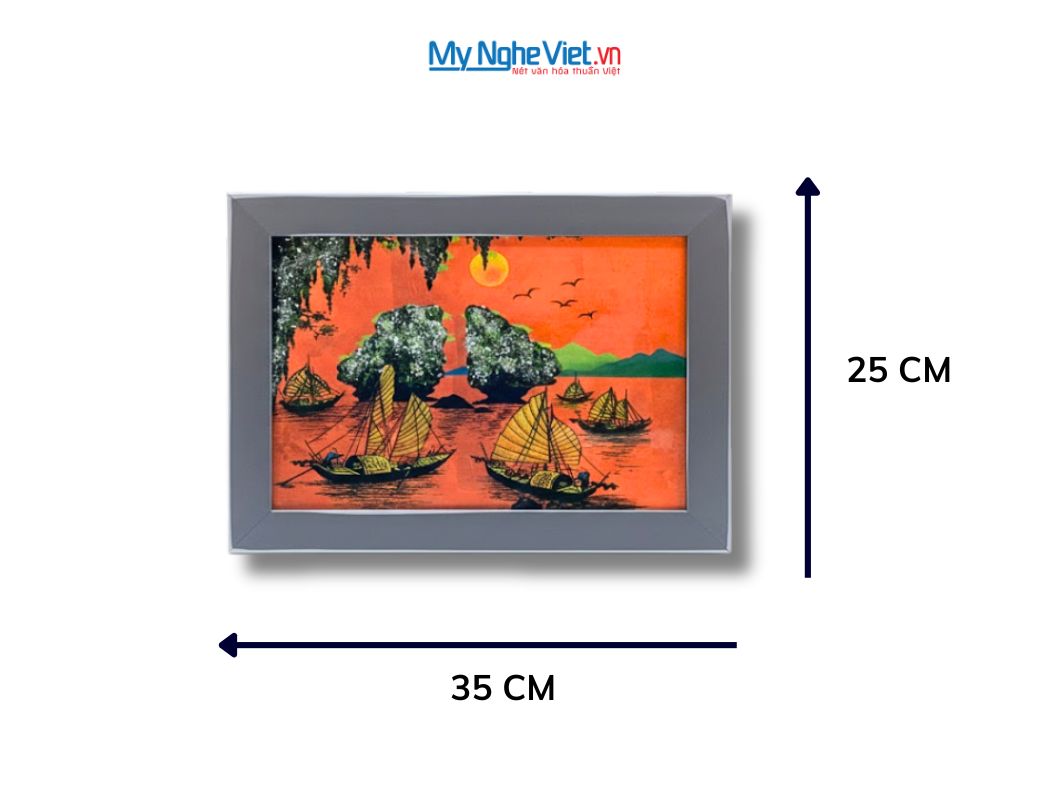 Tranh Sơn Mài Phong Cảnh Vịnh Hạ Long Dát Lá Bạc Nền Cam tsm2535.7