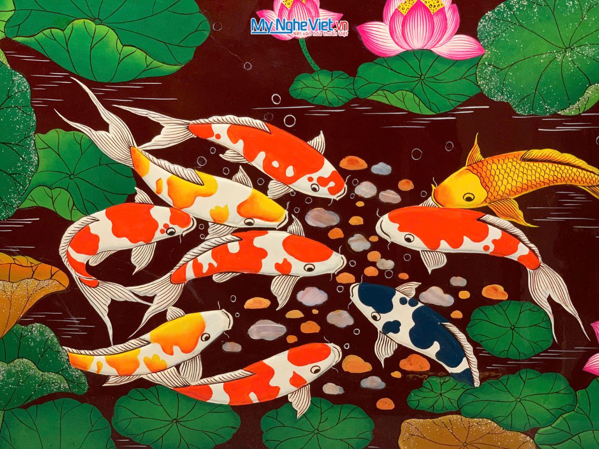 Tranh sơn mài cá sen - cửu ngư đắp nổi 60x120 khung nhựa - TSM60120K-CNĐN