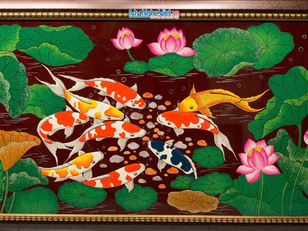 Tranh sơn mài cá sen - cửu ngư đắp nổi 60x120 khung nhựa - TSM60120K-CNĐN