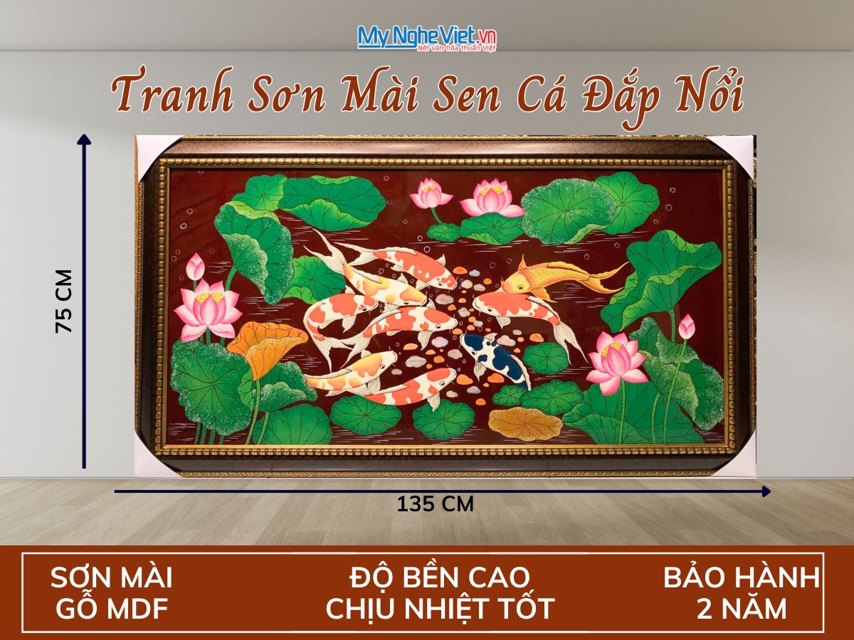 Tranh sơn mài cá sen - cửu ngư đắp nổi 60x120 khung nhựa - TSM60120K-CNĐN
