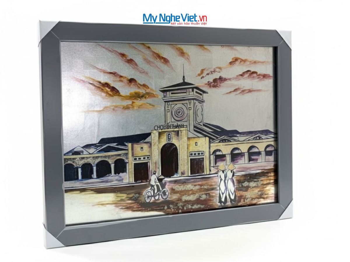Tranh sơn mài Chợ Bến Thành dát bạc 35x45cm TSM3545-1.6