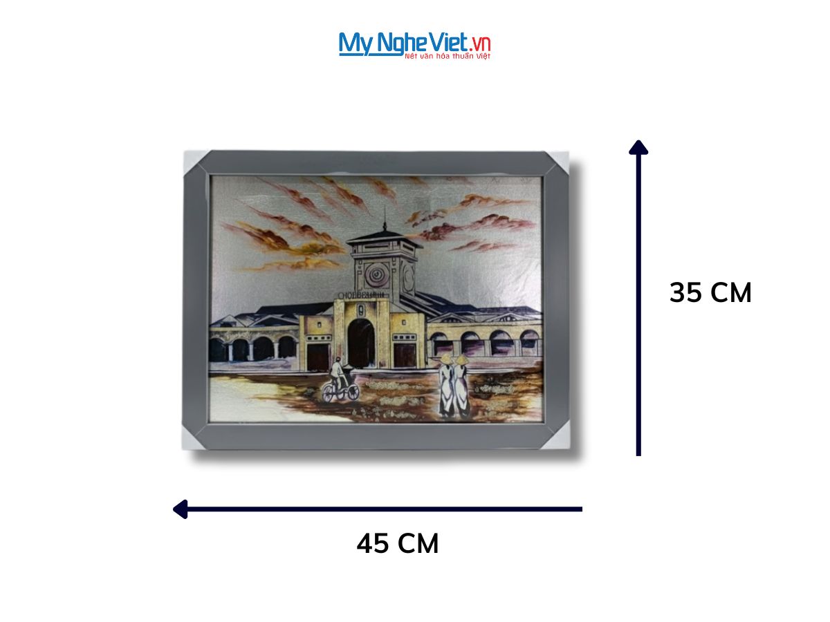 Tranh sơn mài Chợ Bến Thành dát bạc 35x45cm TSM3545-1.6