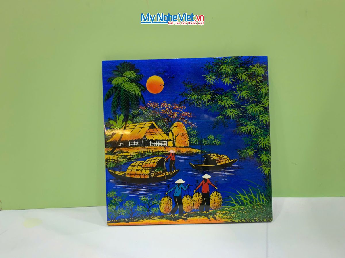 Tranh Sơn Mài Đồng Quê Dát Vàng Nền Xanh Dương Nhiều Mẫu TSM223-3