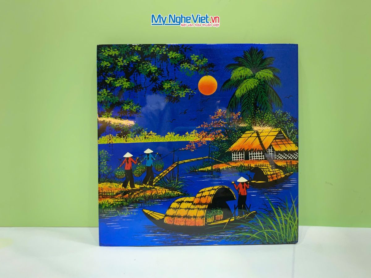 Tranh Sơn Mài Đồng Quê Dát Vàng Nền Xanh Dương Nhiều Mẫu TSM223-3