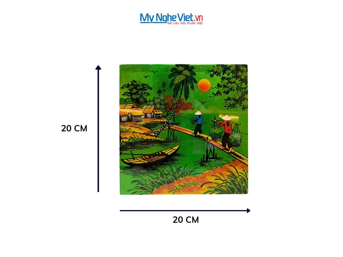 Tranh Sơn Mài Đồng Quê Dát Vàng Nền Xanh Lá Nhiều Mẫu TSM223-3