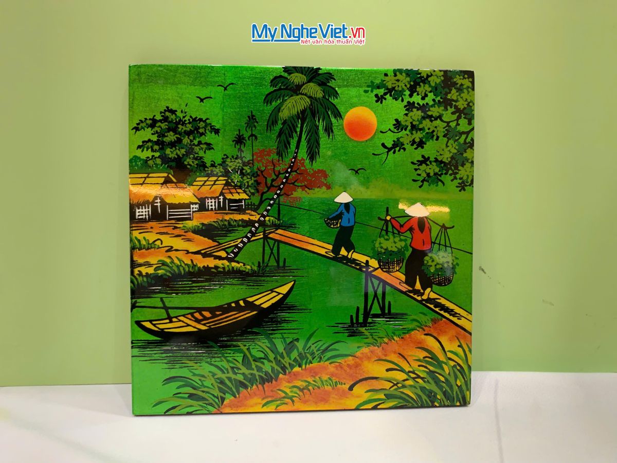 Tranh Sơn Mài Đồng Quê Dát Vàng Nền Xanh Lá Nhiều Mẫu TSM223-3