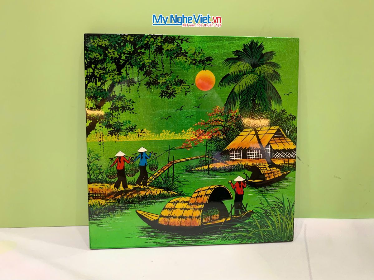 Tranh Sơn Mài Đồng Quê Dát Vàng Nền Xanh Lá Nhiều Mẫu TSM223-3