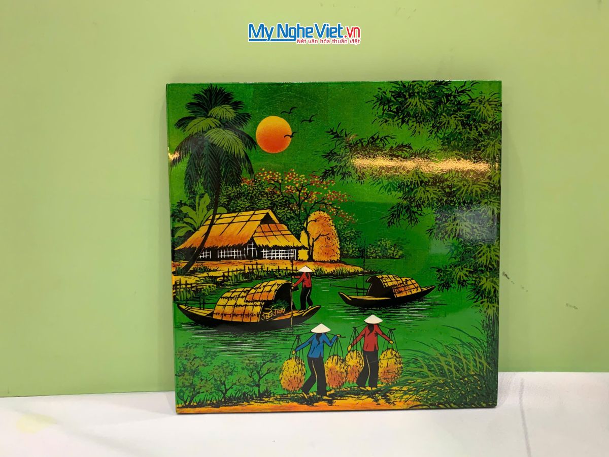 Tranh Sơn Mài Đồng Quê Dát Vàng Nền Xanh Lá Nhiều Mẫu TSM223-3