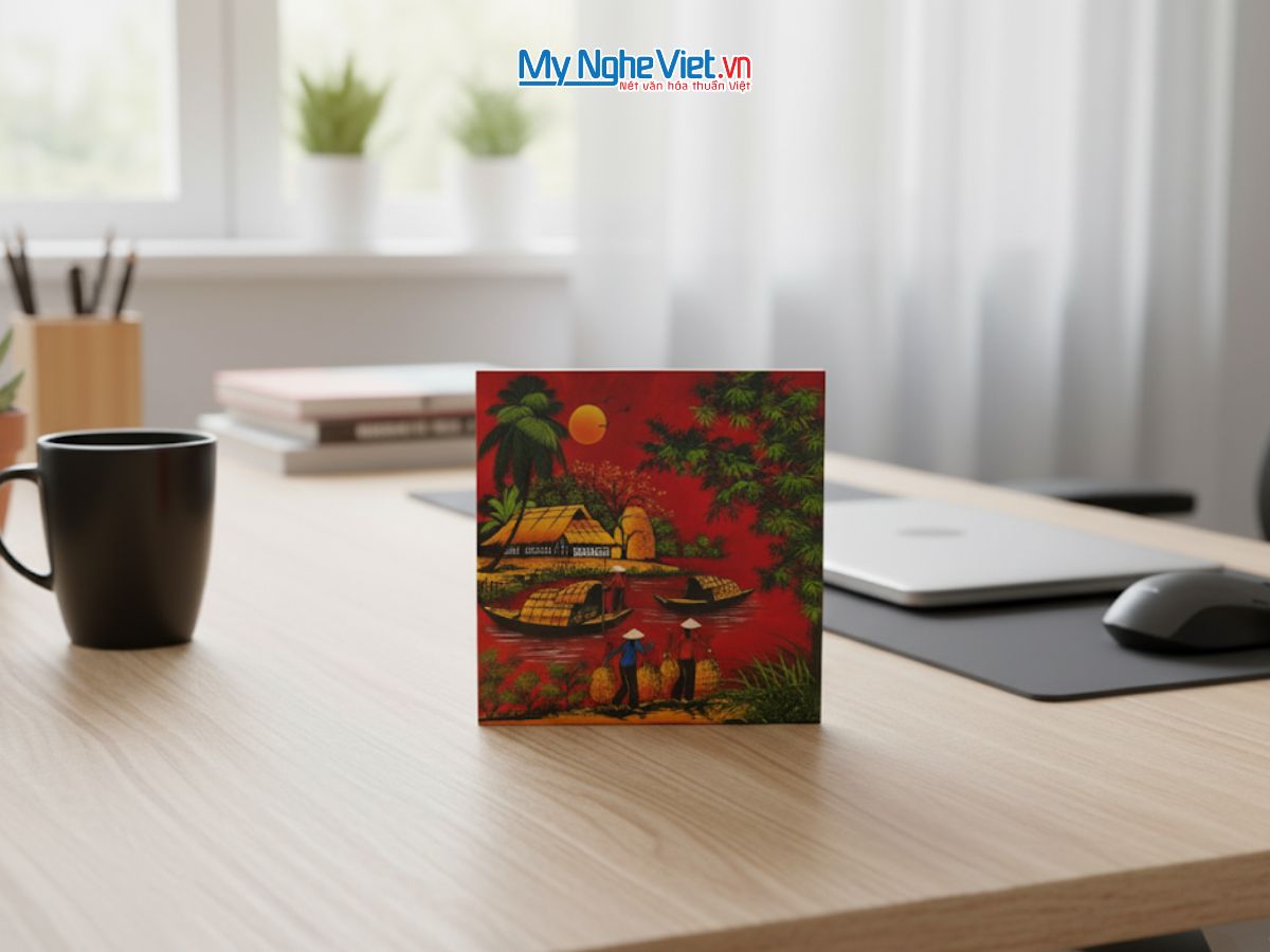 Tranh Sơn Mài Đồng Quê Dát Vàng Nền Đỏ Nhiều Mẫu TSM223-3