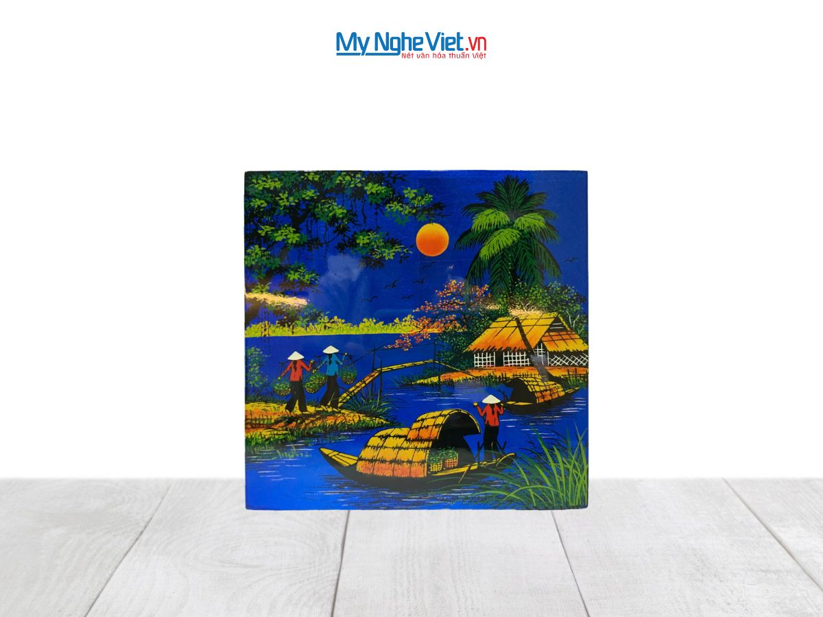 Tranh Sơn Mài Đồng Quê Dát Vàng Nền Xanh Dương Nhiều Mẫu TSM223-3