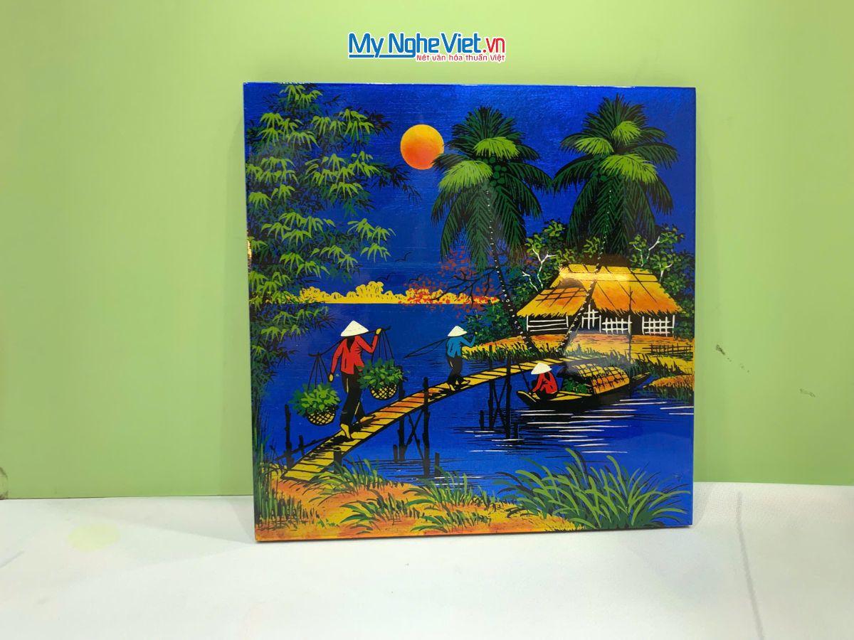 Tranh Sơn Mài Đồng Quê Dát Vàng Nền Xanh Dương Nhiều Mẫu TSM223-3