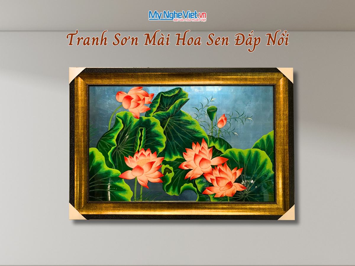 Tranh sơn mài hoa sen độc bản đắp nổi TSMDH8111