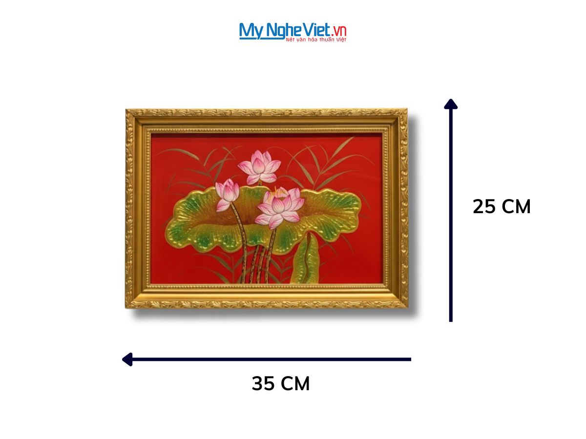 Bộ tranh sơn mài hoa sen nền đỏ và khung vàng TSM20304/khung