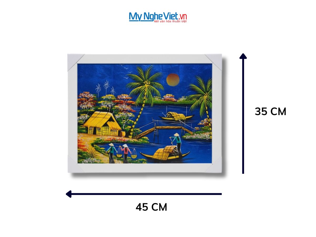 Bộ tranh sơn mài đồng quê nền xanh dương và khung trắng TSM3040/khung
