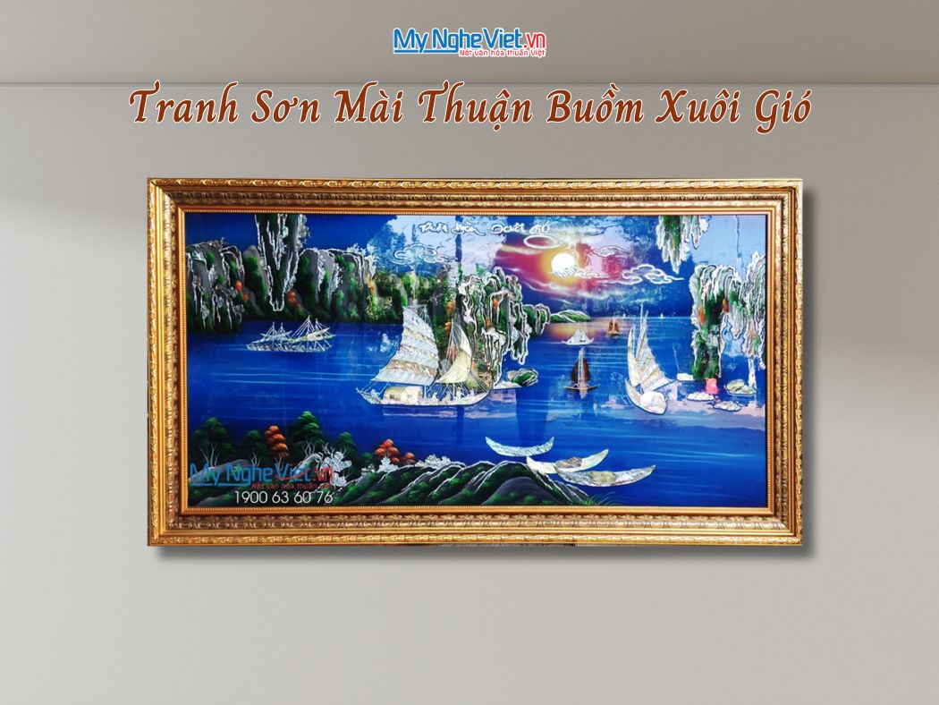 Tranh sơn mài Thuận Buồm Xuôi Gió cẩn ốc 80x160cm MNV-TSM9179-2