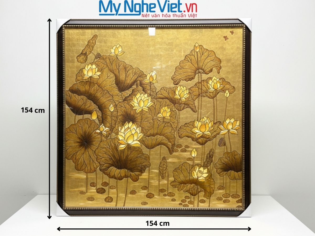 Tranh sen đắp nổi dát vàng 154x154cm, họa tiết vàng sang trọng TSMTB1515-1